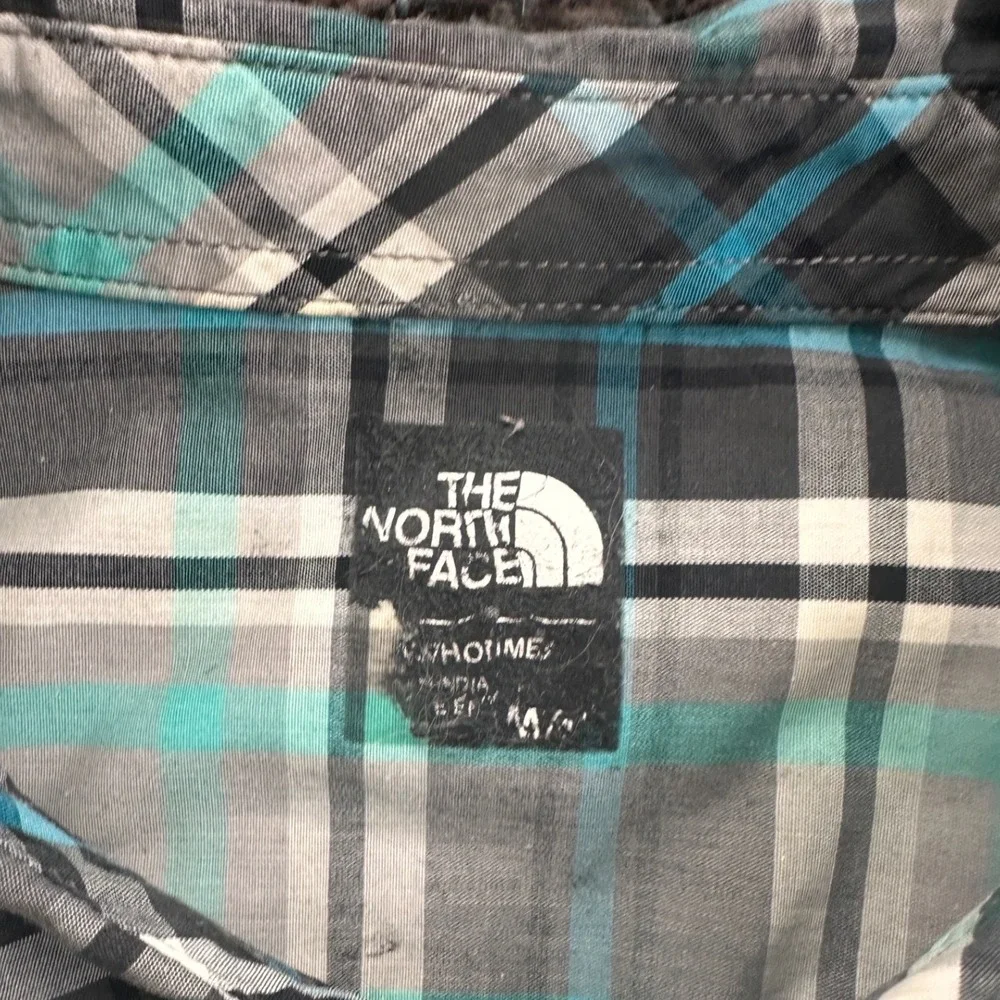 The North Face Button‎ Down Shirt Mens Medium Grey Teal Good Plaid Short Sleeve